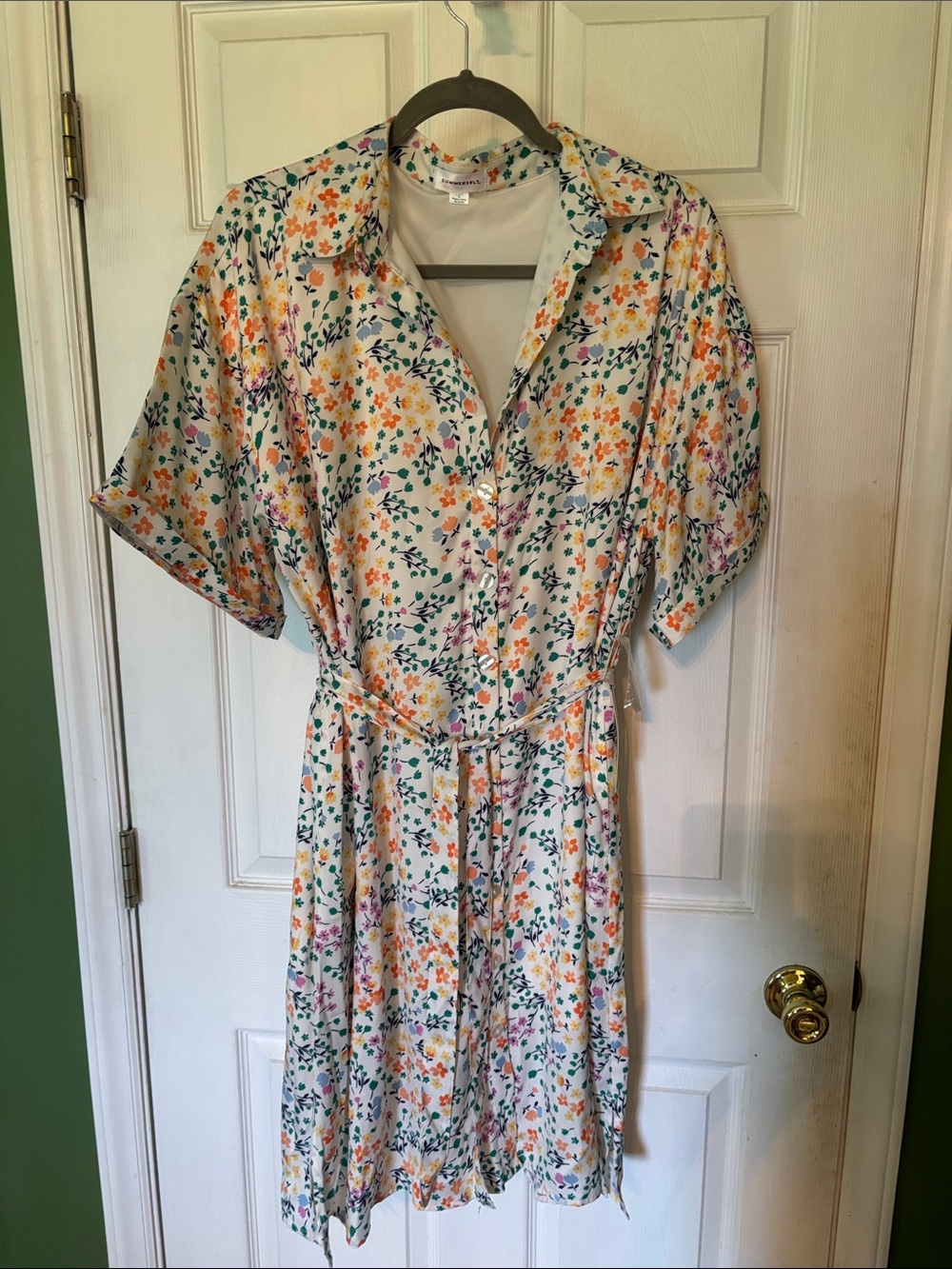 summersalt Cream Midi Shirt Dress with Orange, Pink & Green Floral